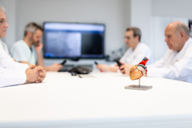 Ärzteteam der Kardiologie sitzt zusammen an einem Tisch vor einem Befund an einem großen Monitor und bespricht sich. 
